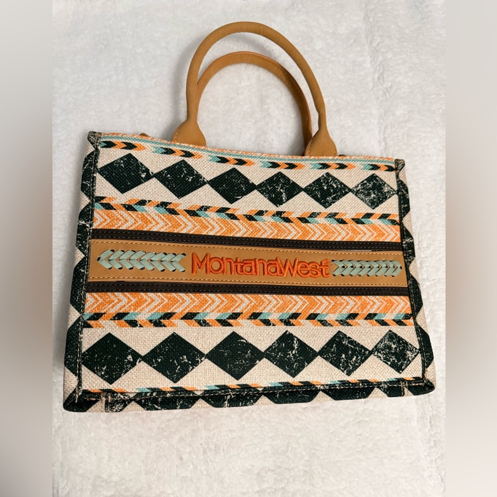 Montana West Tan & Orange Patterned Canvas Tote Bag